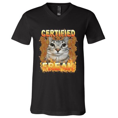 Cat Meme Certified Freak Eat Cement Cursed Cat Funny V-Neck T-Shirt