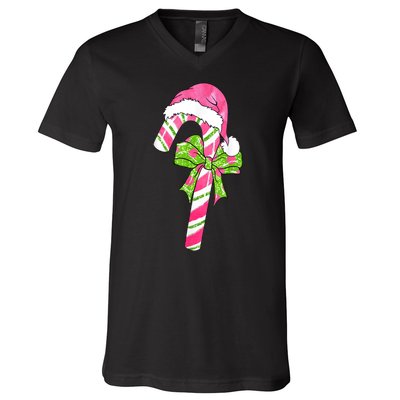 Cute Merry Christmas Candy Cane Coquette Bow Xmas Family Pajamas Gift V-Neck T-Shirt