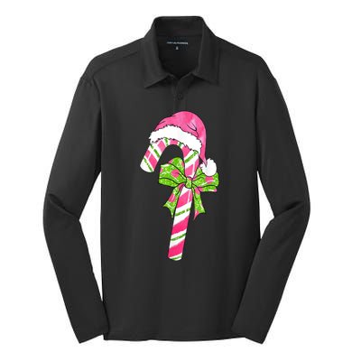 Cute Merry Christmas Candy Cane Coquette Bow Xmas Family Pajamas Gift Silk Touch Performance Long Sleeve Polo