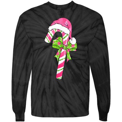 Cute Merry Christmas Candy Cane Coquette Bow Xmas Family Pajamas Gift Tie-Dye Long Sleeve Shirt