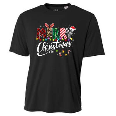 Cute Merry Christmas Leopard Buffalo Red Plaid Cooling Performance Crew T-Shirt