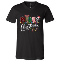 Cute Merry Christmas Leopard Buffalo Red Plaid V-Neck T-Shirt