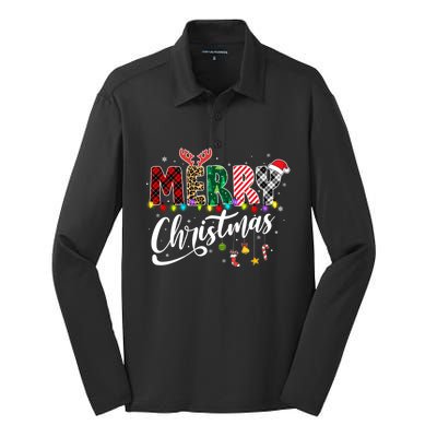 Cute Merry Christmas Leopard Buffalo Red Plaid Silk Touch Performance Long Sleeve Polo