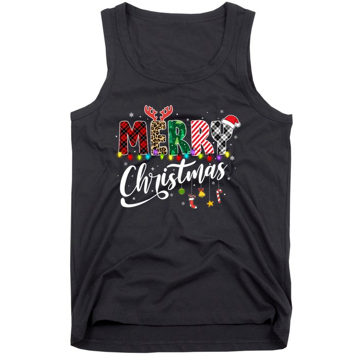 Cute Merry Christmas Leopard Buffalo Red Plaid Tank Top