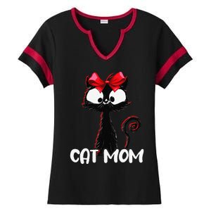 Cat Mom Cute Black Cat With Red Ribbon Bandana Black Cat Ladies Halftime Notch Neck Tee