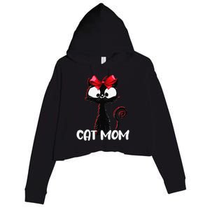 Cat Mom Cute Black Cat With Red Ribbon Bandana Black Cat Crop Fleece Hoodie