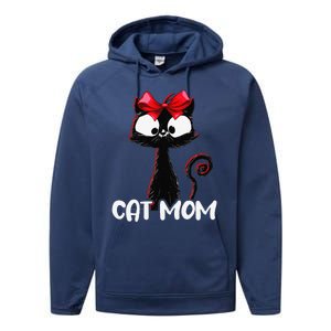 Cat Mom Cute Black Cat With Red Ribbon Bandana Black Cat Performance Fleece Hoodie