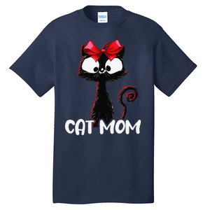 Cat Mom Cute Black Cat With Red Ribbon Bandana Black Cat Tall T-Shirt