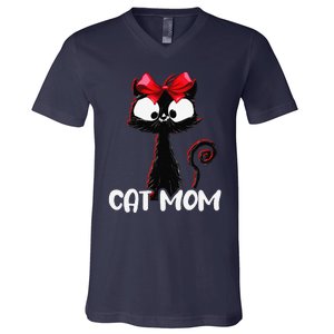 Cat Mom Cute Black Cat With Red Ribbon Bandana Black Cat V-Neck T-Shirt