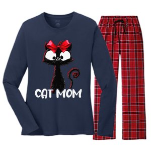 Cat Mom Cute Black Cat With Red Ribbon Bandana Black Cat Women's Long Sleeve Flannel Pajama Set 