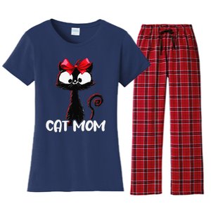 Cat Mom Cute Black Cat With Red Ribbon Bandana Black Cat Women's Flannel Pajama Set