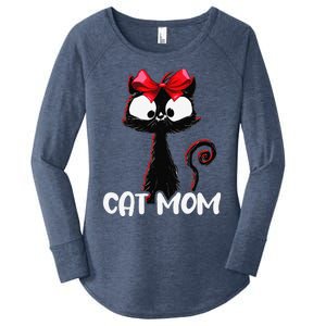 Cat Mom Cute Black Cat With Red Ribbon Bandana Black Cat Women's Perfect Tri Tunic Long Sleeve Shirt