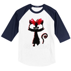 Cat Mom Cute Black Cat With Red Ribbon Bandana Black Cat Baseball Sleeve Shirt