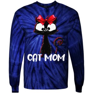 Cat Mom Cute Black Cat With Red Ribbon Bandana Black Cat Tie-Dye Long Sleeve Shirt