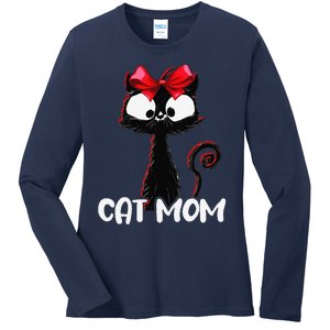 Cat Mom Cute Black Cat With Red Ribbon Bandana Black Cat Ladies Long Sleeve Shirt