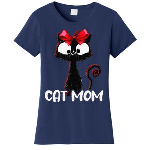 Cat Mom Cute Black Cat With Red Ribbon Bandana Black Cat Women's T-Shirt