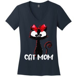 Cat Mom Cute Black Cat With Red Ribbon Bandana Black Cat Women's V-Neck T-Shirt