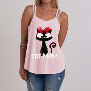 Cat Mom Cute Black Cat With Red Ribbon Bandana Black Cat Women's Strappy Tank