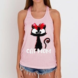 Cat Mom Cute Black Cat With Red Ribbon Bandana Black Cat Women's Knotted Racerback Tank