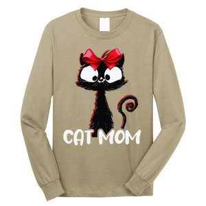 Cat Mom Cute Black Cat With Red Ribbon Bandana Black Cat Long Sleeve Shirt