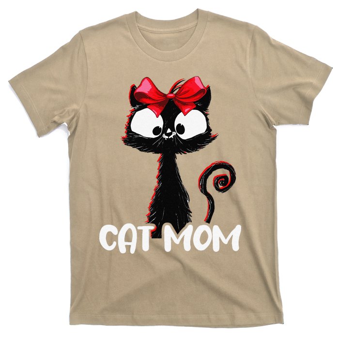 Cat Mom Cute Black Cat With Red Ribbon Bandana Black Cat T-Shirt