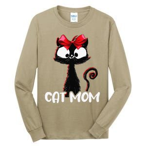 Cat Mom Cute Black Cat With Red Ribbon Bandana Black Cat Tall Long Sleeve T-Shirt