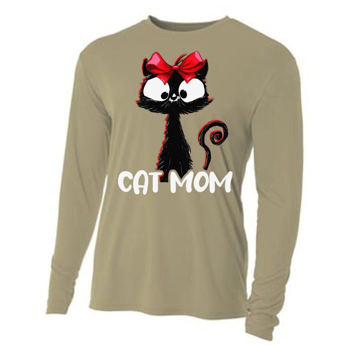 Cat Mom Cute Black Cat With Red Ribbon Bandana Black Cat Cooling Performance Long Sleeve Crew