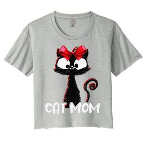 Cat Mom Cute Black Cat With Red Ribbon Bandana Black Cat Women's Crop Top Tee