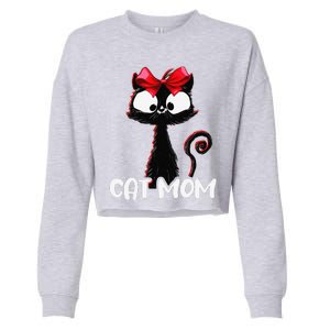 Cat Mom Cute Black Cat With Red Ribbon Bandana Black Cat Cropped Pullover Crew