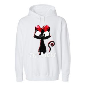 Cat Mom Cute Black Cat With Red Ribbon Bandana Black Cat Garment-Dyed Fleece Hoodie