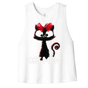 Cat Mom Cute Black Cat With Red Ribbon Bandana Black Cat Women's Racerback Cropped Tank