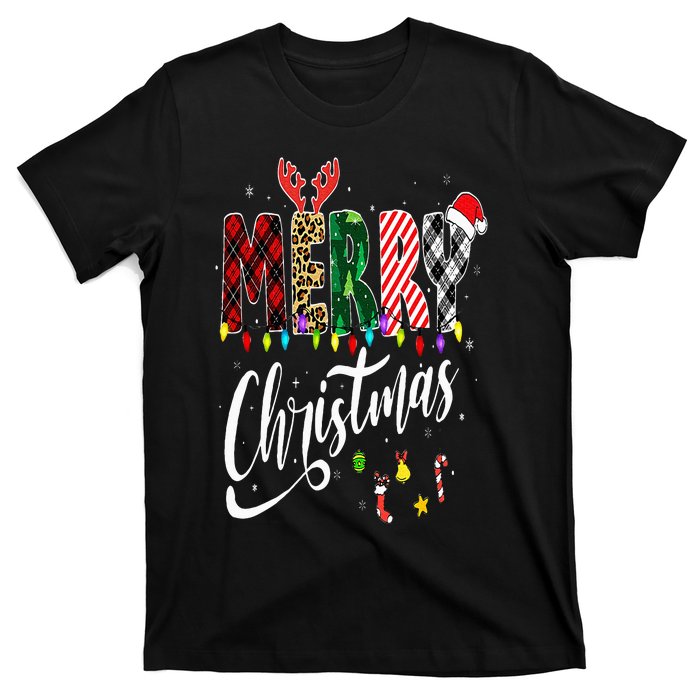 Cute Merry Christmas Leopard Buffalo Red Plaid T-Shirt