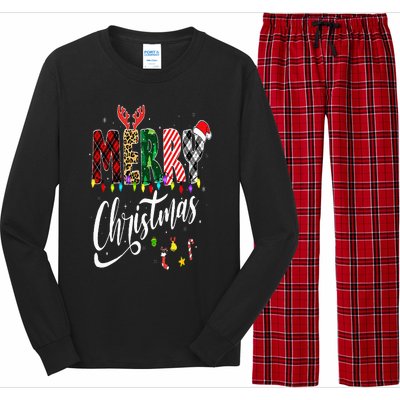 Cute Merry Christmas Leopard Buffalo Red Plaid Long Sleeve Pajama Set