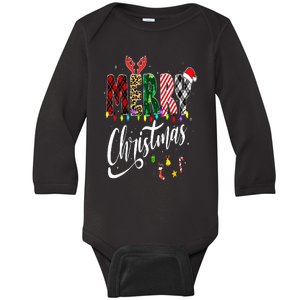 Cute Merry Christmas Leopard Buffalo Red Plaid Baby Long Sleeve Bodysuit