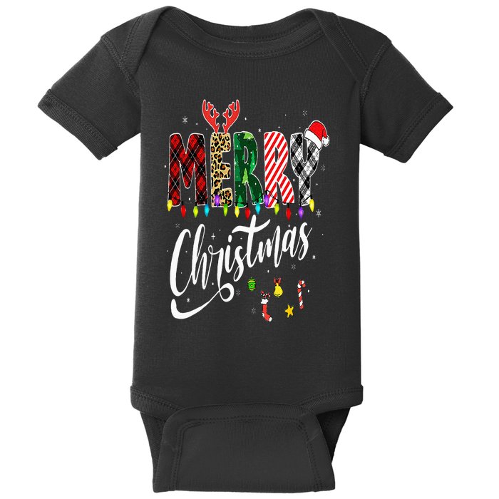 Cute Merry Christmas Leopard Buffalo Red Plaid Baby Bodysuit