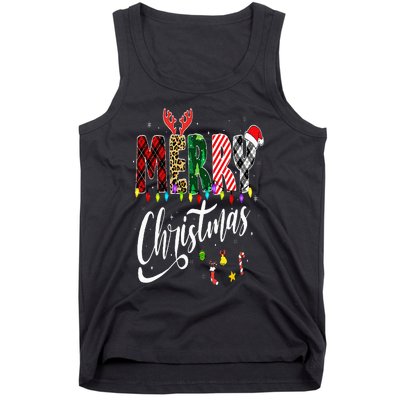 Cute Merry Christmas Leopard Buffalo Red Plaid Tank Top