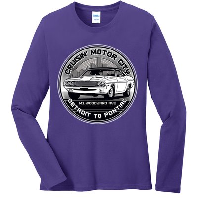 Cruisin Motor City Detroit To Pontiac Classic Muscle Car Ladies Long Sleeve Shirt