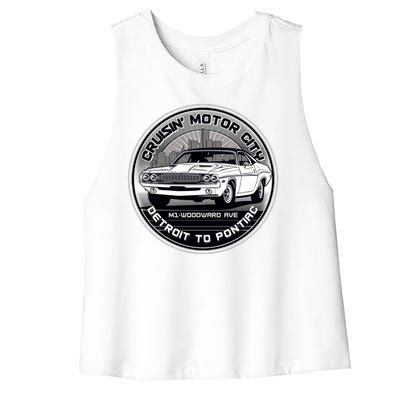 Cruisin Motor City Detroit To Pontiac Classic Muscle Car Women's Racerback Cropped Tank