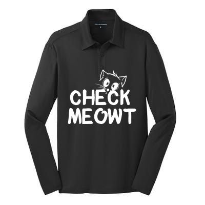 Check Meowt Cat Silk Touch Performance Long Sleeve Polo