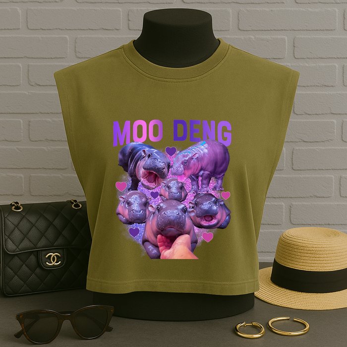 Cute Moo Deng Funny Baby Hippo Pygmy Hippopotamus Garment-Dyed Women's Muscle Tee