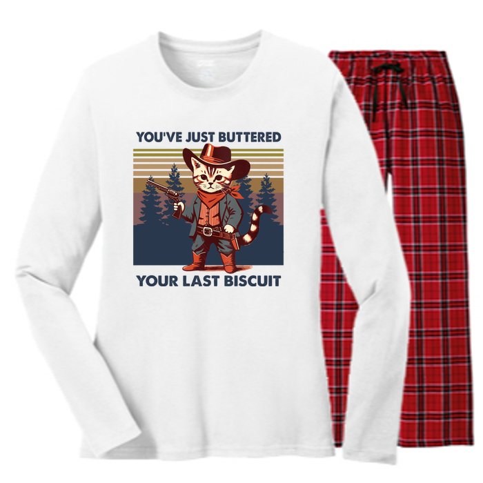 Cat Mom Dad YouVe Just Buttered Your Last Biscuit Cowboy Women's Long Sleeve Flannel Pajama Set 