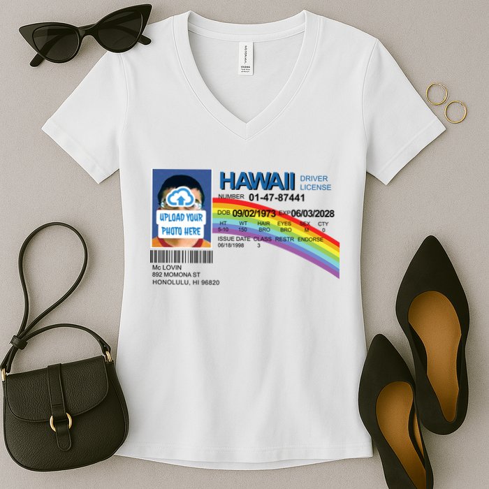 Custom Mclovin Driver License Upload Photo Women's V-Neck T-Shirt