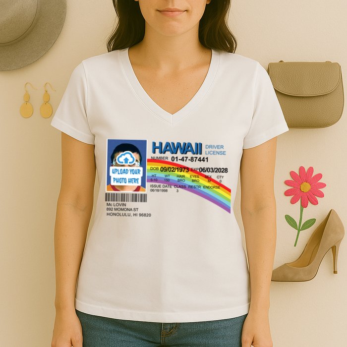 Custom Mclovin Driver License Upload Photo Women's V-Neck T-Shirt