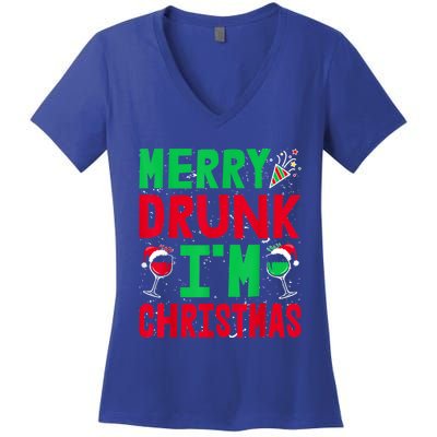 Christmas Merry Drunk IM Christmas Wine Santa Hat Gift Women's V-Neck T-Shirt