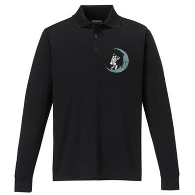 Crescent Moon Digger Astronaut Graphic Gift Performance Long Sleeve Polo