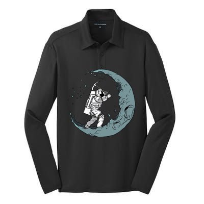 Crescent Moon Digger Astronaut Graphic Gift Silk Touch Performance Long Sleeve Polo