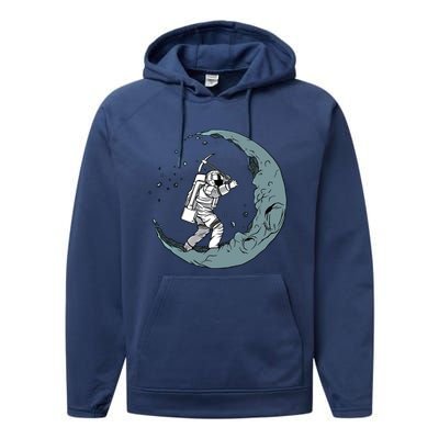 Crescent Moon Digger Astronaut Graphic Gift Performance Fleece Hoodie