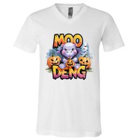 Cute Moo Deng Bouncy Pig In Thai Halloween Baby Hippopotamus V-Neck T-Shirt