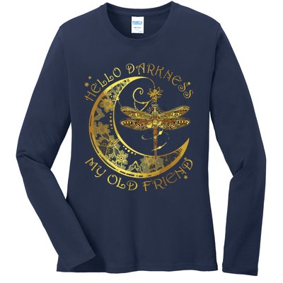 Crescent Moon Dragonfly Hello Darkness My Old Friend Ladies Long Sleeve Shirt