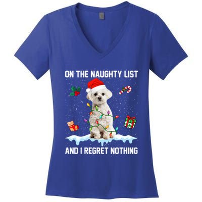 Christmas Maltese Dog Naughty List And I Regret Nothing Xmas Cute Gift Women's V-Neck T-Shirt